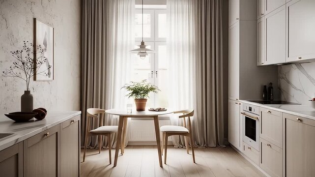 Bright Scandinavian Kitchen With A Cozy Dining Nook Featuring A Round Table And Two Wooden Chairs Illuminated By Natural Light Streaming Through Sheer 
