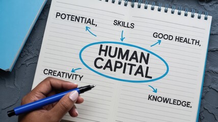 A hand with a blue pen points to a human capital diagram in a notebook explaining potential skills health knowledge and creativity on a dark desk
