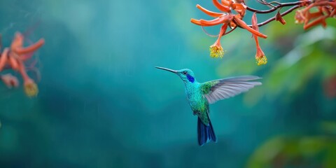 Obraz premium Authentic Nature Green Violetear Hummingbird in Costa Ricas Tropical Forest Premium Wildlife Advertising and Marketing Content