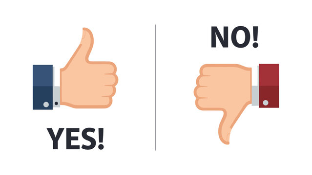 Comparison of yes and no gestures featuring a thumbs up and a thumbs down for user feedback, decision making, and quality review processes.
