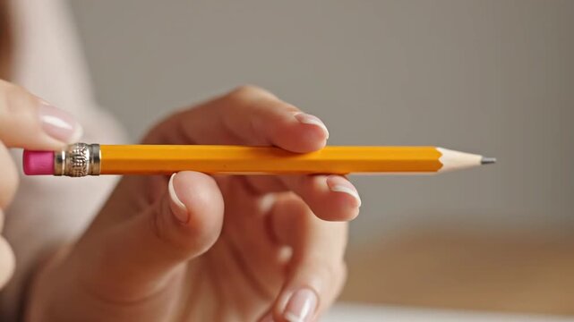 Close up of a woman's hand holding a yellow pencil with a pink eraser