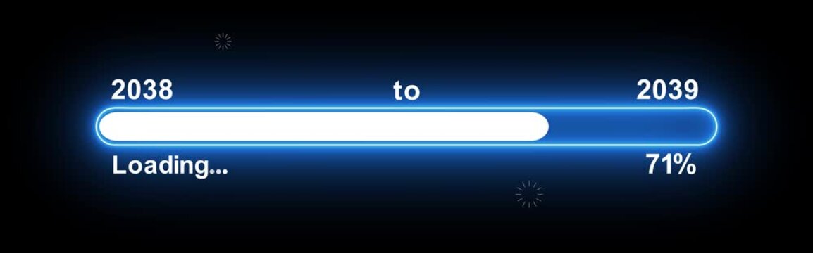 New year 2039 loading bar animation. Year change concept. Loading bar from 2038 to 2039 new year transfer animation. Futuristic Progress Bar Status Indicator with Digital Glow Design.
