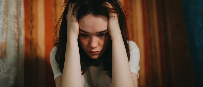 Young woman sitting on floor with head in hands, experiencing emotional distress and anxiety indoors, representing mental health struggles and internal despair for depression awareness web banner