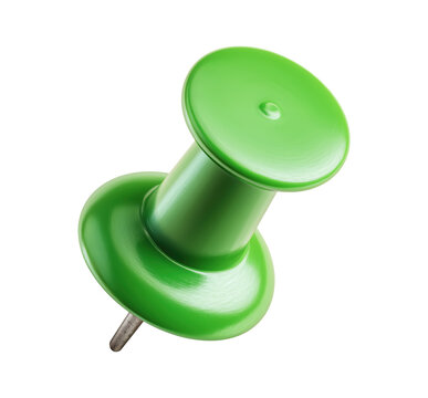 Green thumbtack push pin at angle, isolated on transparent background