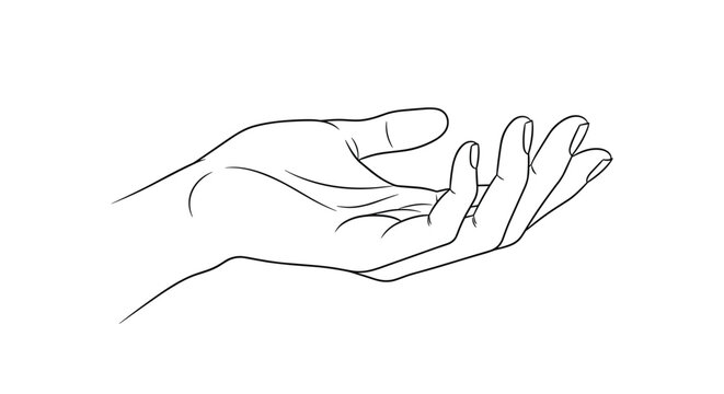 Detailed line drawing of an open human hand in a relaxed gesture perfect for medical anatomy or general communication and help themes.