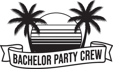 Obraz premium Black and white of palm trees and sunset with bachelor party crew banner