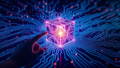 Human hand touching futuristic digital cube for innovation connection technology
