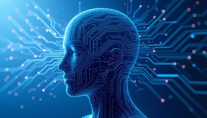 Digital human face glowing with blue integrated circuit board connections