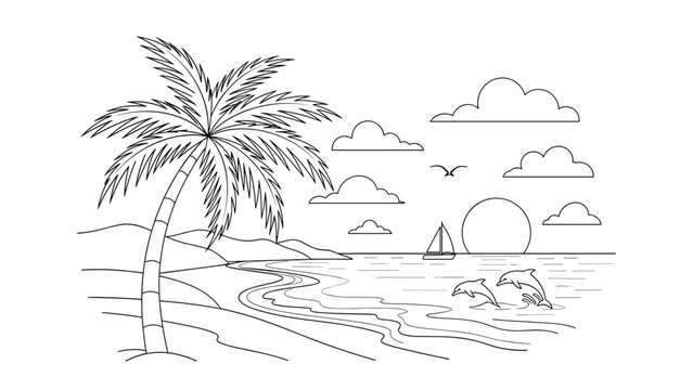 Black and white line art of a tropical beach sunset scene with a palm tree, ocean waves, leaping dolphins, and sailboat.