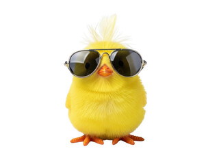 Fototapeta premium Funny yellow chick wearing sunglasses with a stylish feather hairstyle isolated on transparent background