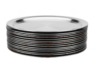 A stack of silver metal plates neatly arranged on top of each other, with a reflective surface and a subtle sheen, isolated on transparent background