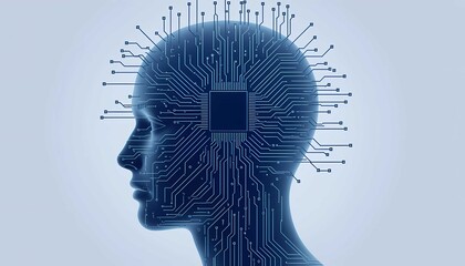 Futuristic artificial intelligence head with glowing blue digital circuit board