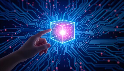 Artificial intelligence technology with glowing digital cube and circuit network
