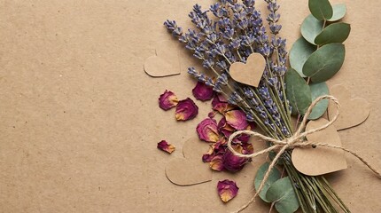 Rustic Bouquet Of Dried Lavender Roses And Eucalyptus Tied With Twine On Brown Paper