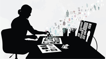 Creative professional brainstorming with papers and computer