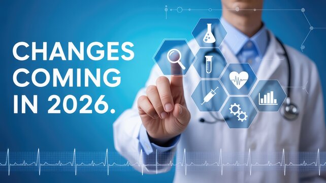 Professional doctor interacting with a futuristic holographic medical interface displaying healthcare innovations and upcoming changes 2026 on a brigh - Powered by Adobe