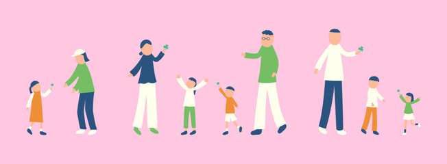 四つ葉のクローバーを見つける家族のイラストセット