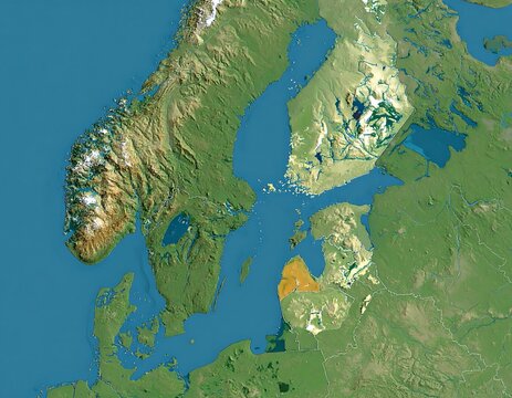 A topographic map of Northern Europe featuring land elevations, water bodies, and coastal regions in realistic color shading