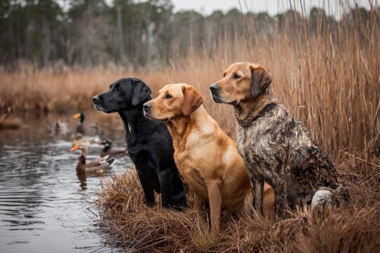 Hunting dogs retrieving ducks during a wetlands hunt