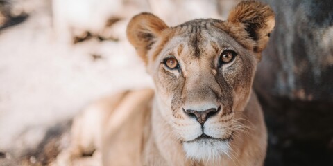 Obraz premium Attentive Lioness Headshot Professional Wildlife Royalty Portrait for Education and Environmental Awareness Marketing Content