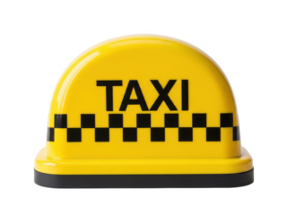 Yellow taxi sign with checkered pattern and black lettering, symbolizing transportation and service, isolated on transparent background