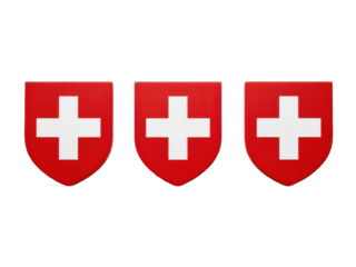 Three red shields with white crosses symbolizing protection and safety isolated on transparent background