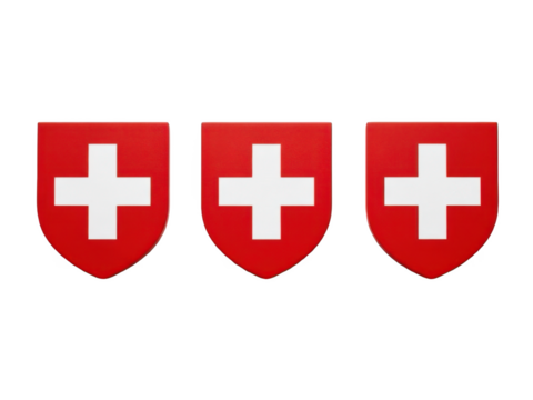 Three red shields with white crosses symbolizing protection and safety isolated on transparent background - Powered by Adobe
