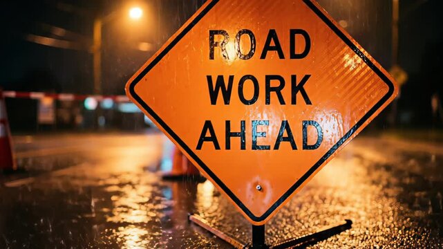 Road work ahead sign illuminated by streetlights reflects on wet pavement, indicating ongoing construction and caution for drivers navigating the rainy night scene