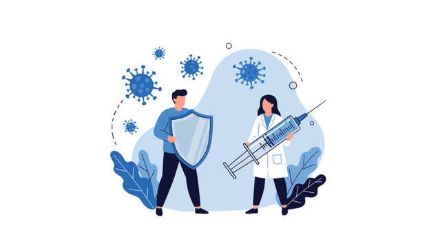 Medical professionals with a shield and syringe protecting people from virus particles to represent vaccination and immunity.