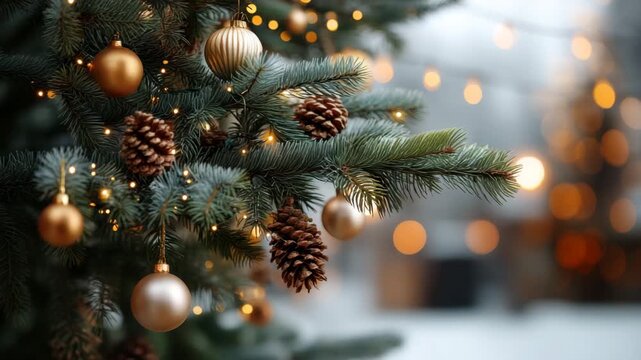 Festive pine branch with golden bauble and pinecone ornaments, evergreen branch with pine cone and gold bauble ornaments, warm fairy light bokeh creating cozy holiday Christmas atmosphere and gentle