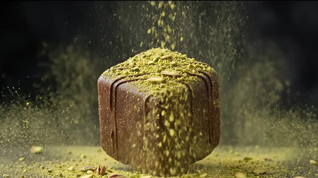 Chocolate dessert cube with green pistachio dust cascading down, showcasing the rich texture and intricate details as the toppings settle on the surface in a dynamic display