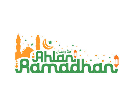 Ahlan ramadhan greeting text with mosque and lanterns
