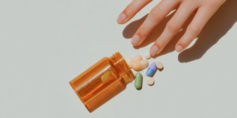 Womans hand reaching towards spilled medicine bottle with multicolored pills on white surface, symbolizing addiction challenges for recovery program advertising