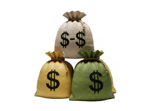 Three burlap sacks with dollar signs, symbolizing wealth and finance, isolated on transparent background - Powered by Adobe