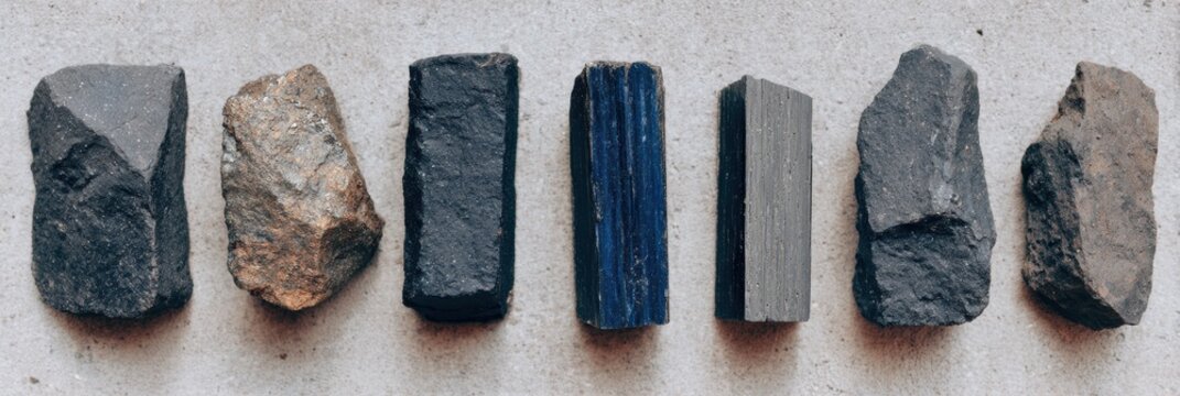 Diverse graphite specimens and mineral rocks displayed with various textures, representing natural resources for mining industry promotion and industrial utility metaphor