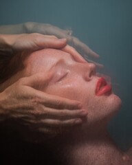Naklejka premium Authentic Young Womans Relaxing Reiki Healing Session Premium Wellness Content for Spa Marketing and Therapeutic Advertising Campaigns
