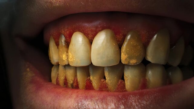 Severe plaque and tartar buildup on stained tooth and yellowing teeth with gum inflammation and gingivitis, close up of plaque, tartar and stained tooth showing gum irritation and oral hygiene neglect