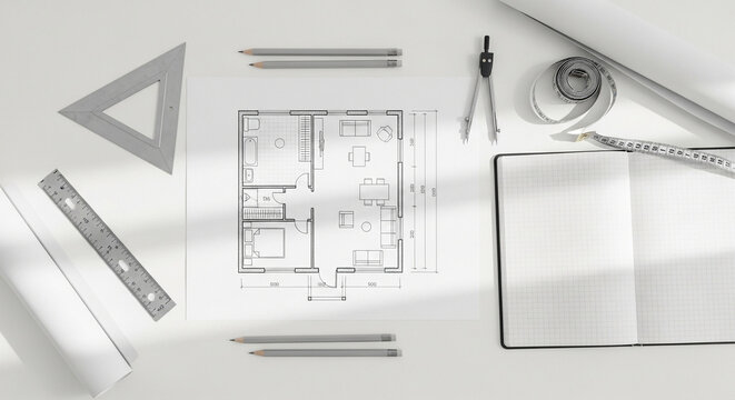 Clean minimalist flat lay shot from above of a small house floor plan on a white architect desk