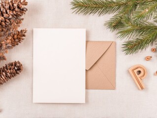 A6 white blank greeting card mockup with a brown kraft envelope and winter festive natural decor on a minimal linen tablecloth for promotions and invitations with copy space