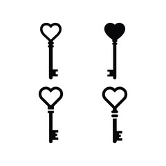 Heart Shaped Key Love Silhouette Icon Set