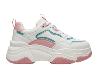 White and pink women's sneakers with blue accents and thick sole isolated on transparent background