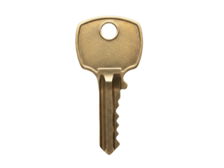 A brass house key with a distinctive shape and teeth pattern, perfect for unlocking doors, isolated on transparent background