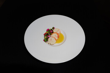 Elegant culinary creation with exquisite plating on a sleek, modern plate. A gourmet meal, beautifully arranged, offering a delightful visual appeal.