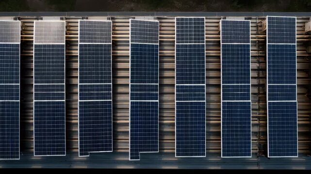Solar panel array metal roof aerial view with symmetrical rows of photovoltaic module and blue panel geometric pattern, industrial rooftop renewable energy clean energy installation showcasing