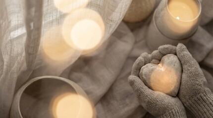 Cozy Winter Scene Hands Holding Heart Shaped Candle Warm Bokeh Lights Soft Fabric Texture