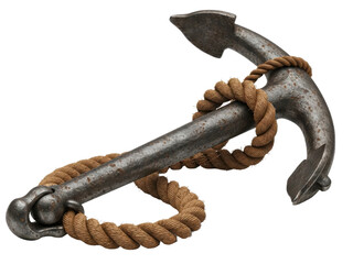 Rustic metal anchor tied with a thick brown rope isolated on transparent background © Vectarica