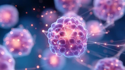 Glowing cellular structure microscopic cell network connection bioluminescent sphere pink and blue medical illustration abstract biology scientific visualization neuron like cluster soft focus - Powered by Adobe