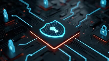 Secure digital shield with glowing keyhole circuit board conveying cybersecurity protection and encrypted network defense feeling futuristic and data encryption neon blue and orange lighting evokes - Powered by Adobe