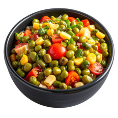 Refreshing mini mung bean salad with vegetables in a dark bowl, perfectly isolated on a pure white background