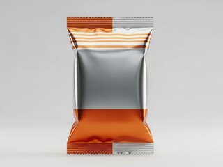 Modern snack package with metallic finish and vibrant orange accents